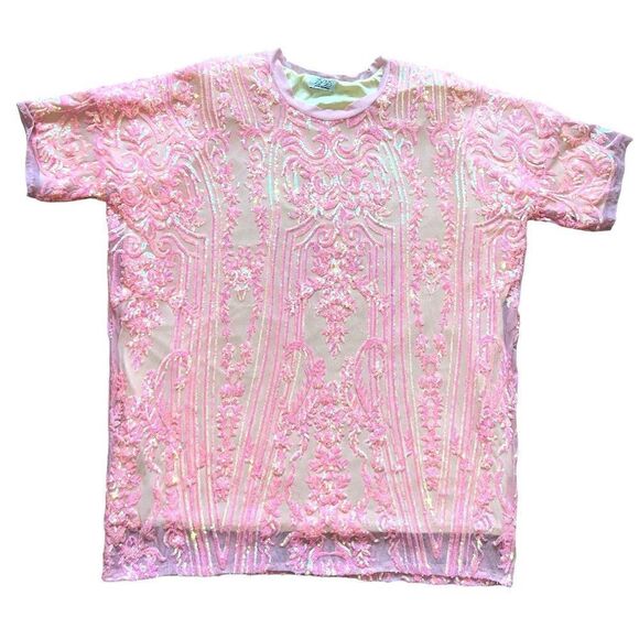 DONNA LEAH DESIGNS One Size Fits All Sequined Appliqués Rib Collar Short Sleeve - Picture 5 of 8